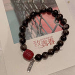 Natural silver Obsidian 8mm bracelet. With cinnabar bucket beads, S925
