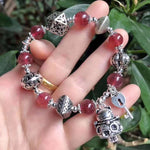 Natural strawberry crystal 9mm single ring bracelet, with S925 silver beans and Sterling Silver Pend