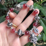 Natural strawberry crystal 9mm single ring bracelet, with S925 silver beans and Sterling Silver Pend