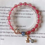 Natural strawberry crystal 8.7mm bracelet with grey moonlight, 14K gol